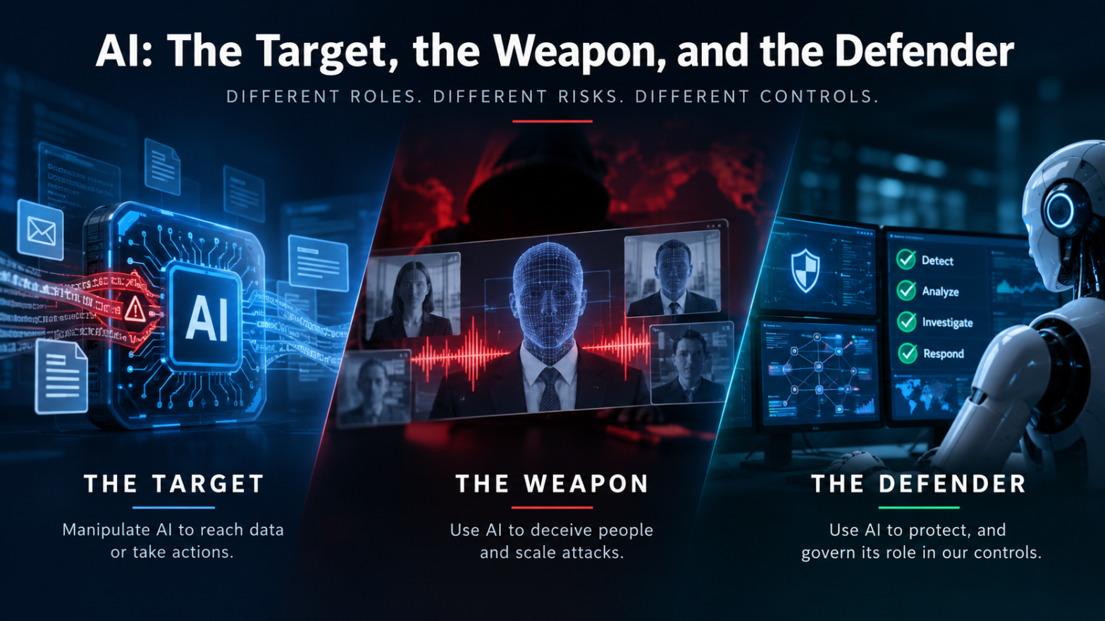 AI in cybersecurity illustrated in three panels: an AI chip targeted by cyberattacks, deepfake impersonation used as a weapon, and an AI-powered security analyst defending systems.